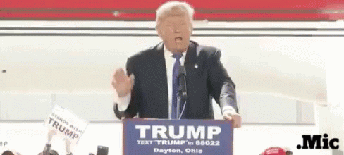 A Man In A Suit And Tie Stands At A Podium That Says Trump GIF