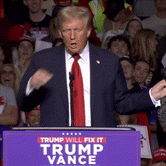A Man In A Suit And Tie Stands At A Podium That Says Trump Will Fix It Trump Vance GIF