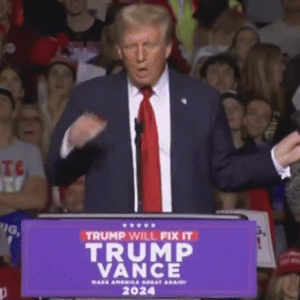 A Man In A Suit And Tie Stands At A Podium With A Sign That Says Trump Will Fix It GIF