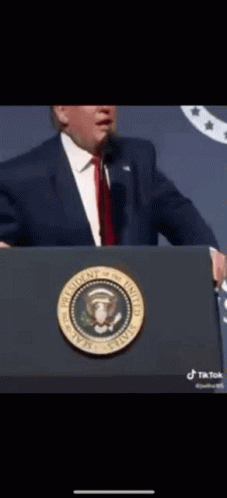 A Man In A Suit And Tie Stands At A Podium With A United States Of America Seal On It GIF
