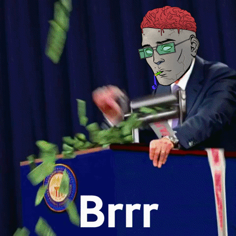 A Man In A Suit And Tie Stands At A Podium With Money Falling Around Him And The Word Brrr On The Bottom Right GIF