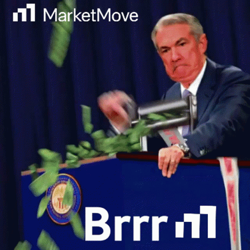 A Man In A Suit And Tie Stands At A Podium With Money Falling Around Him And The Words Marketmove On The Bottom Right GIF