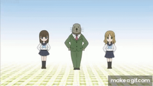 A Man In A Suit And Tie Stands Between Two Girls In School Uniforms . GIF