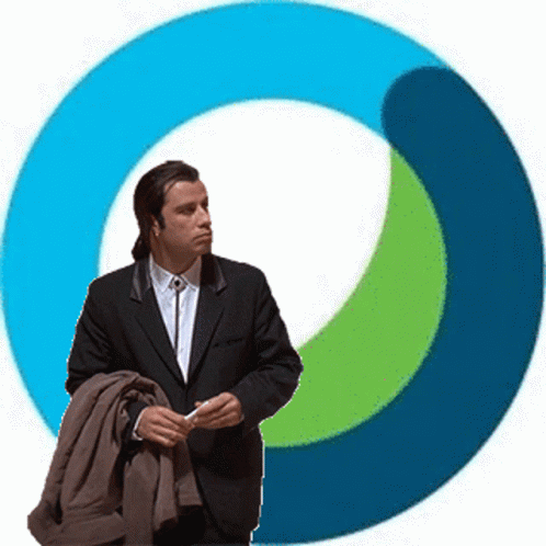 A Man In A Suit And Tie Stands In Front Of A Blue And Green Circle GIF
