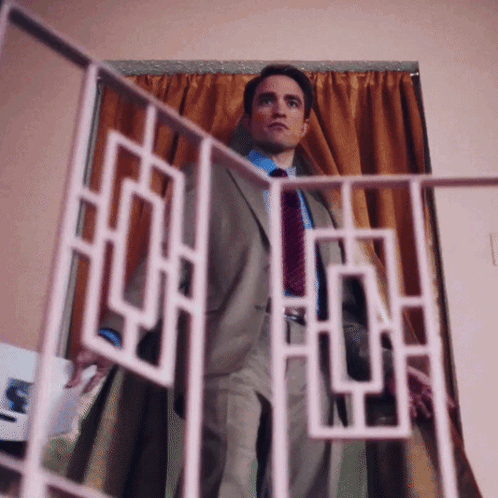 A Man In A Suit And Tie Stands In Front Of A Curtain GIF