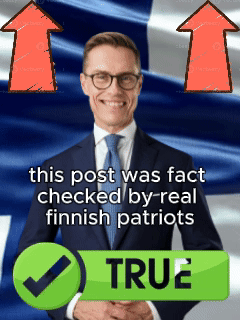 a man in a suit and tie stands in front of a finnish flag and a green check mark that says true