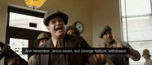 A Man In A Suit And Tie Stands In Front Of A Group Of Men And Says " And Remember Jesus Saves " GIF