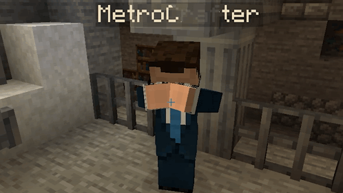 A Man In A Suit And Tie Stands In Front Of A Sign That Says Metroc After GIF