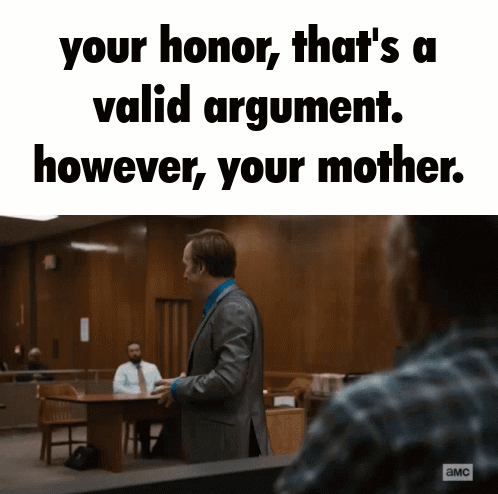 A Man In A Suit And Tie Stands In Front Of A Table With The Words Your Honor That 'S A Valid Argument GIF