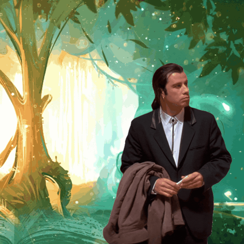 A Man In A Suit And Tie Stands In Front Of A Waterfall GIF