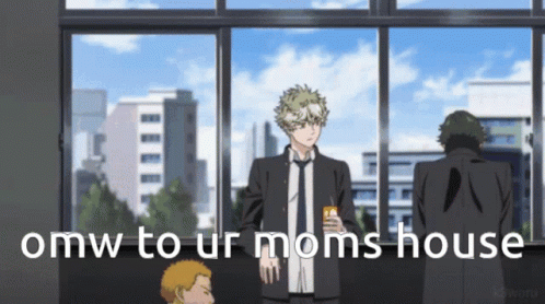 A Man In A Suit And Tie Stands In Front Of A Window With The Words Omw To Ur Moms House Written Below Him GIF