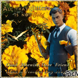 A Man In A Suit And Tie Stands In Front Of Yellow Flowers GIF