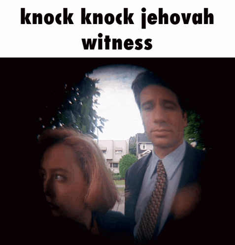 A Man In A Suit And Tie Stands Next To A Woman With The Words Knock Knock Jehovah Witness Above Them GIF