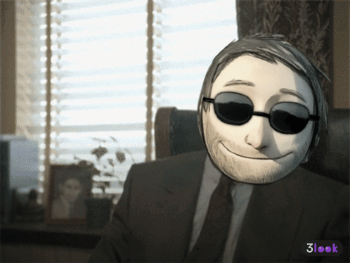 A Man In A Suit And Tie Wearing Sunglasses With A 3Look Logo In The Corner GIF