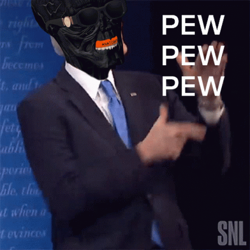 A Man In A Suit And Tie With A Black Skull On His Face Says Pew Pew Pew GIF
