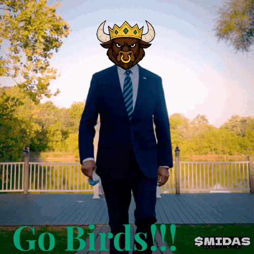 A Man In A Suit And Tie With A Bull 'S Head And The Words Go Birds GIF