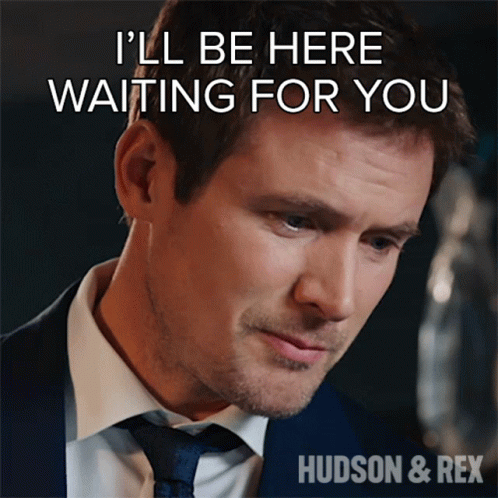 A Man In A Suit And Tie With A Caption That Says I 'Ll Be Here Waiting For You GIF