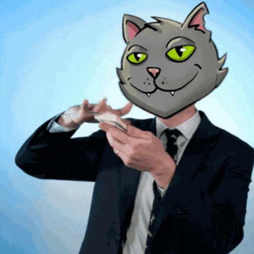 A Man In A Suit And Tie With A Cat Mask On His Head GIF