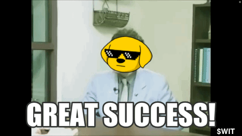 A Man In A Suit And Tie With A Dog On His Face And The Words Great Success Below Him GIF