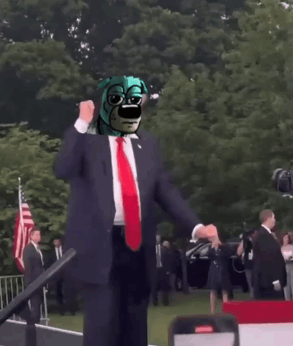 a man in a suit and tie with a dog on his head dancing