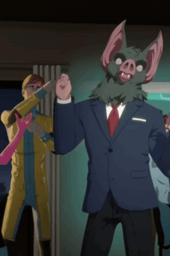 A Man In A Suit And Tie With A Pig Mask On His Head GIF