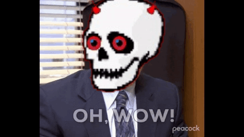 A Man In A Suit And Tie With A Pixelated Skull On His Head Is Sitting In Front Of A Window . GIF