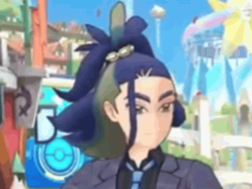 A Man In A Suit And Tie With A Ponytail On His Head . GIF