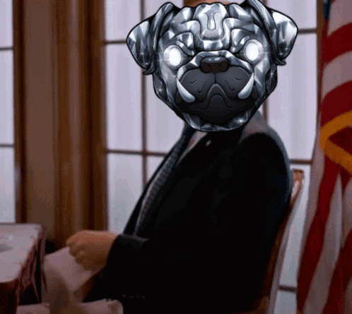 A Man In A Suit And Tie With A Pug Mask On His Head GIF