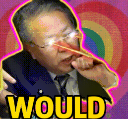 A Man In A Suit And Tie With A Rainbow In The Background Has The Word Would In Yellow Letters GIF