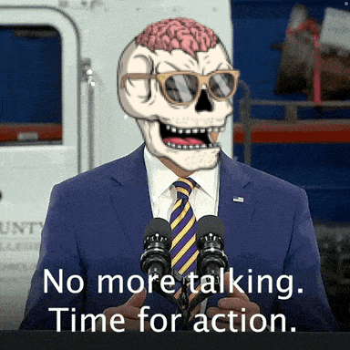 a man in a suit and tie with a skull on his head speaking into a microphone with the words no more talking time for acti