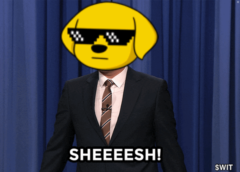 A Man In A Suit And Tie With A Yellow Dog On His Head Says Sheeeesh GIF