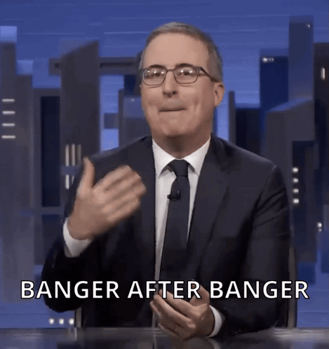 A Man In A Suit And Tie With Banger After Banger Written On The Bottom GIF