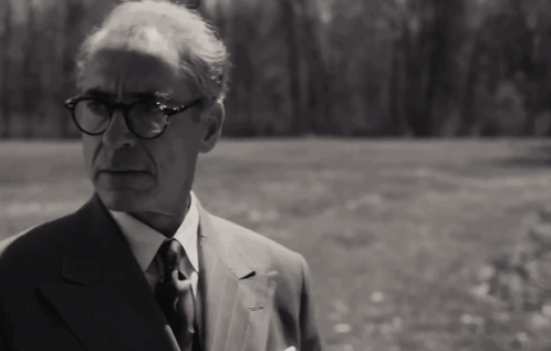 A Man In A Suit And Tie With Glasses Stands In A Field GIF