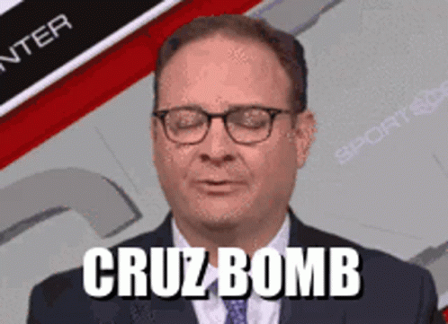 A Man In A Suit And Tie With The Words Cruz Bomb Written On His Face GIF