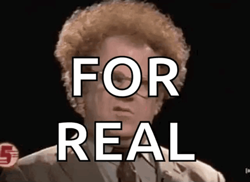 A Man In A Suit And Tie With The Words For Real Above Him GIF