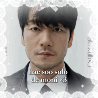 A Man In A Suit And Tie With The Words Hae Soo Solo De Moni < 3 Above His Face GIF