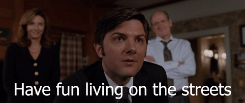 A Man In A Suit And Tie With The Words Have Fun Living On The Streets Written Below Him GIF