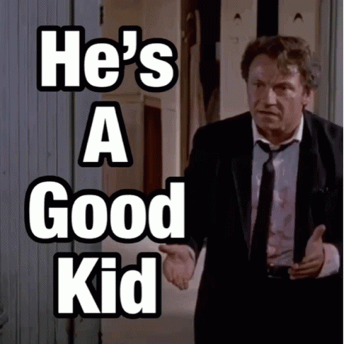 A Man In A Suit And Tie With The Words He 'S A Good Kid Behind Him GIF