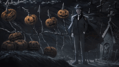 A Man In A Suit And Top Hat Holds A Pumpkin With A Face Carved Into It GIF