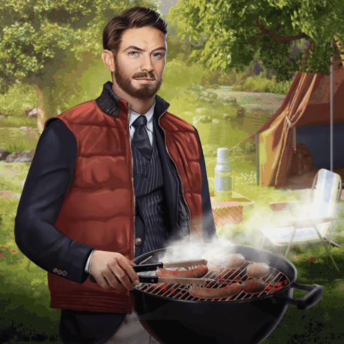 A Man In A Suit And Vest Is Grilling Meat GIF