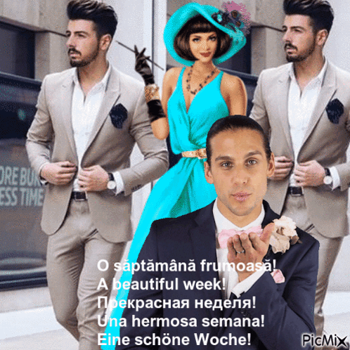 A Man In A Suit Blowing A Kiss With A Woman In A Blue Dress In The Background GIF