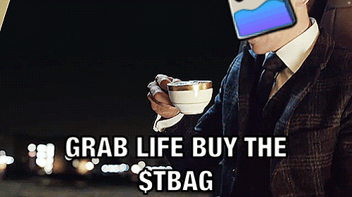 A Man In A Suit Drinking From A Cup With The Words Grab Life Buy The Stbag GIF