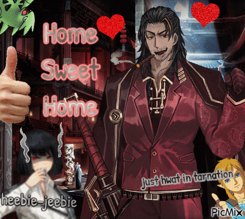 A Man In A Suit Giving A Thumbs Up With The Words Home Sweet Home GIF