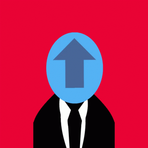 A Man In A Suit Has A Blue Circle With An Arrow Pointing Down In Front Of His Head GIF