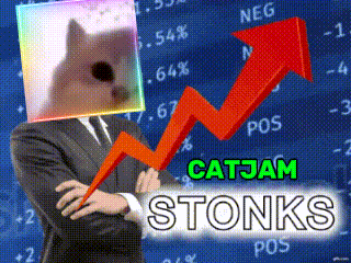 A Man In A Suit Has A Cat On His Head And A Red Arrow Pointing Up With The Words Catjam Stonks Below It GIF