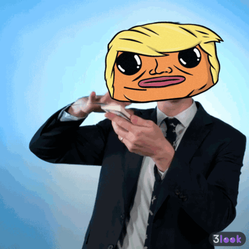 A Man In A Suit Has A Donald Trump Head On His Face GIF