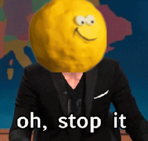 A Man In A Suit Has A Lemon On His Head And The Words Oh Stop It GIF