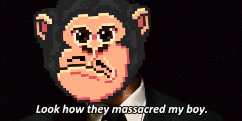 A Man In A Suit Has A Pixelated Monkey Face On His Face And The Words Look How They Massacred My Boy GIF
