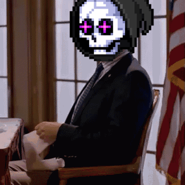 A Man In A Suit Has A Pixelated Skull On His Head GIF