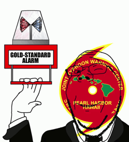 A Man In A Suit Holds Up A Gold Standard Alarm Sign GIF